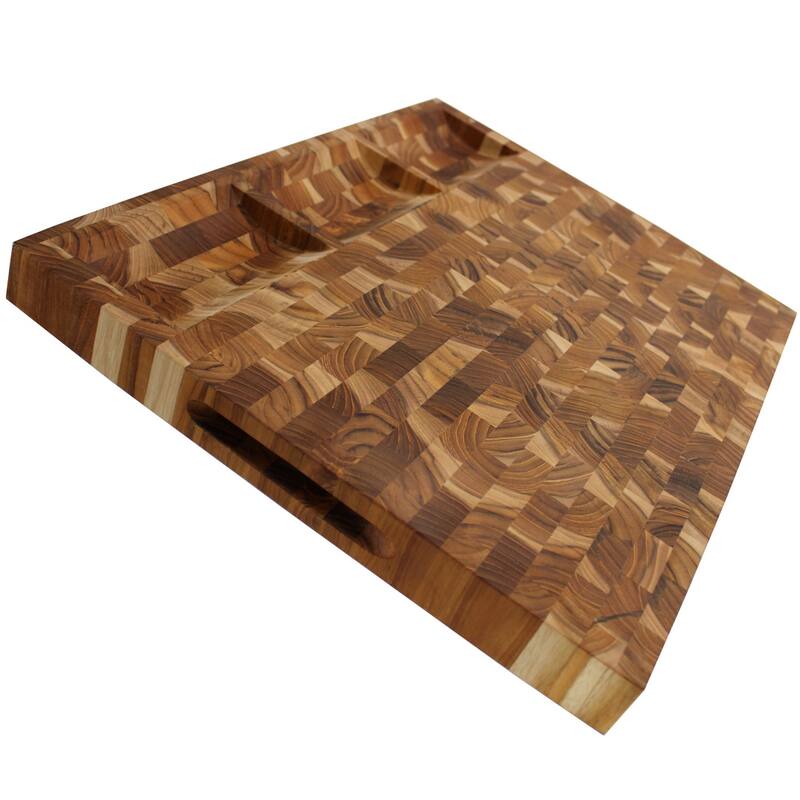 EcoDecors FSC Certified Teak Cutting Board 24" x 18", XL End Grain Butcher Block with Juice Groove, Side Handles