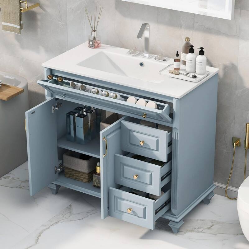 36" Bathroom Vanity with Sink, Cabinet, Flip-Out Drawer, 3 Drawers & 2 Soft-Close Doors - Light Blue Gray