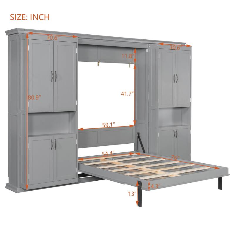 Hidden Hydraulic Lift Wall Bed Queen Murphy Bed with Dual Sliding Storage Cabinets, Side Shelves and Reinforced Metal Frame