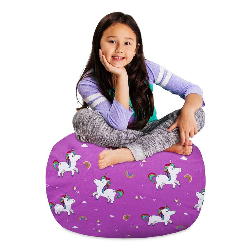 Kids Bean Bag Chair Cover Stuffed Animal Storage or Toy Organizer - 27 Inch Medium - Canvas Unicorn and Rainbows on Purple