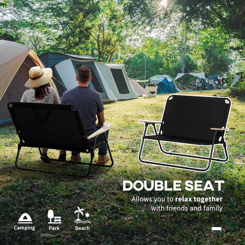 Double Folding Camping Chair, Portable Loveseat, Wood Armrests