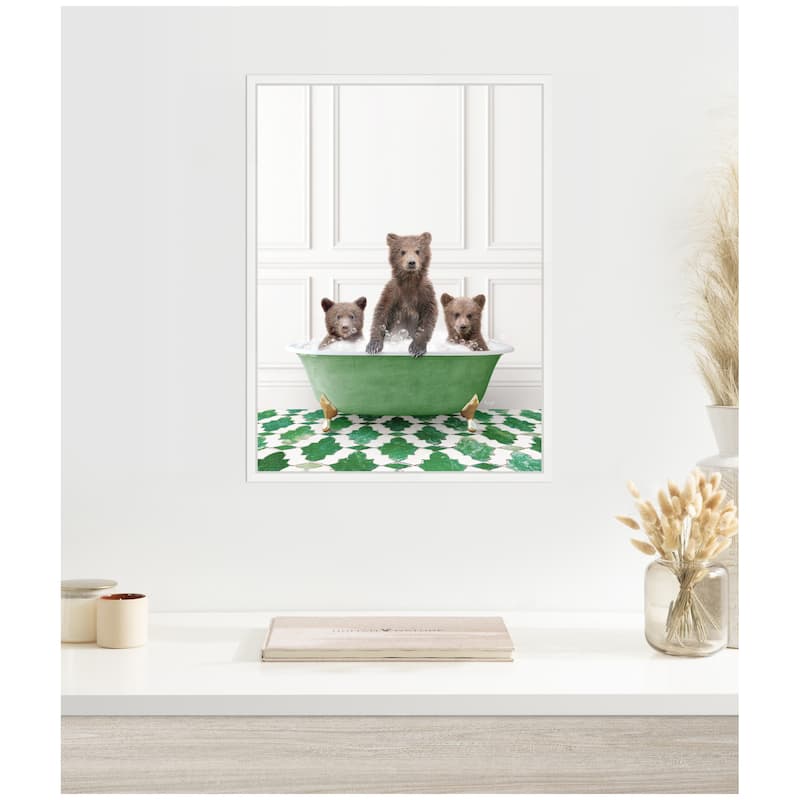 Kate and Laurel Sylvie Three Bear Cubs in Eclectic Green Panel Wall Bathtub Framed Canvas by Amy Peterson