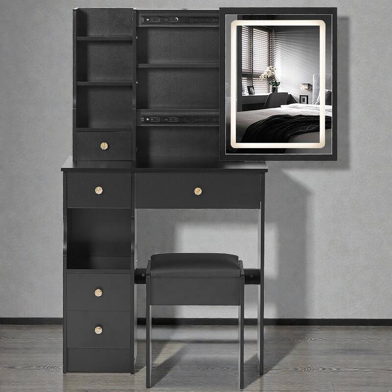 29.2'' Small Vanity Table with LED Tri-Color Mirror, Drawer & Cushioned Stool, Space-Saving Makeup Desk for Small Rooms