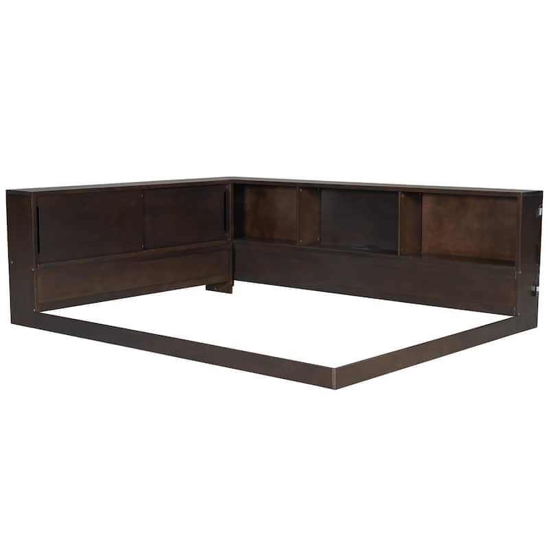 Queen L-Shape Storage Daybed with LED Shelf, Hidden Slide Cabinet & Built-In USB Power Hub by Harper&Bright Designs