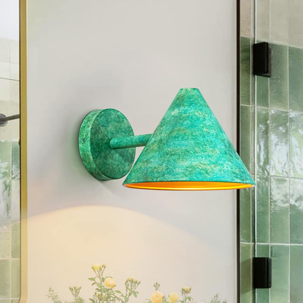 Rennnsan 1-Light Farmhouse Distressed Green Metal Shade Cone Wall Sconce with Gold Interior Accent