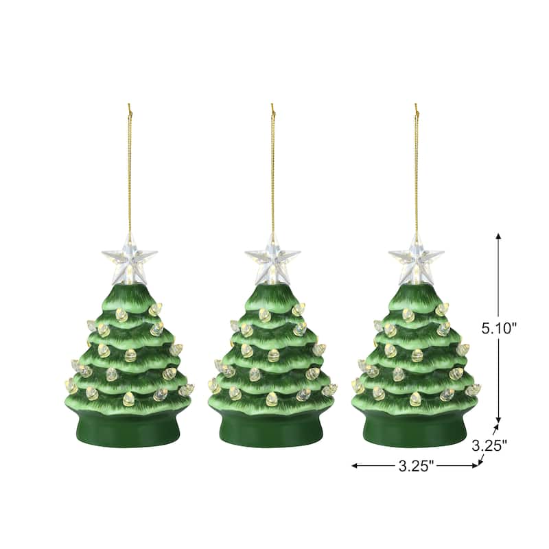 5 in. Set of Nostalgic Ceramic Tree Ornament- Green with White Bulbs