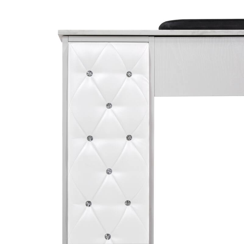 Drexel Manicure Table Nail Station Marble Top Desk, White Tufted Cushion - N/A