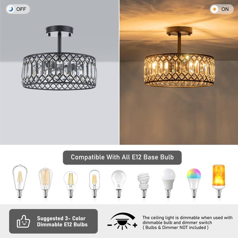 Starsky Luxury Crystal Drum Dimmable Semi Flush Mount Light