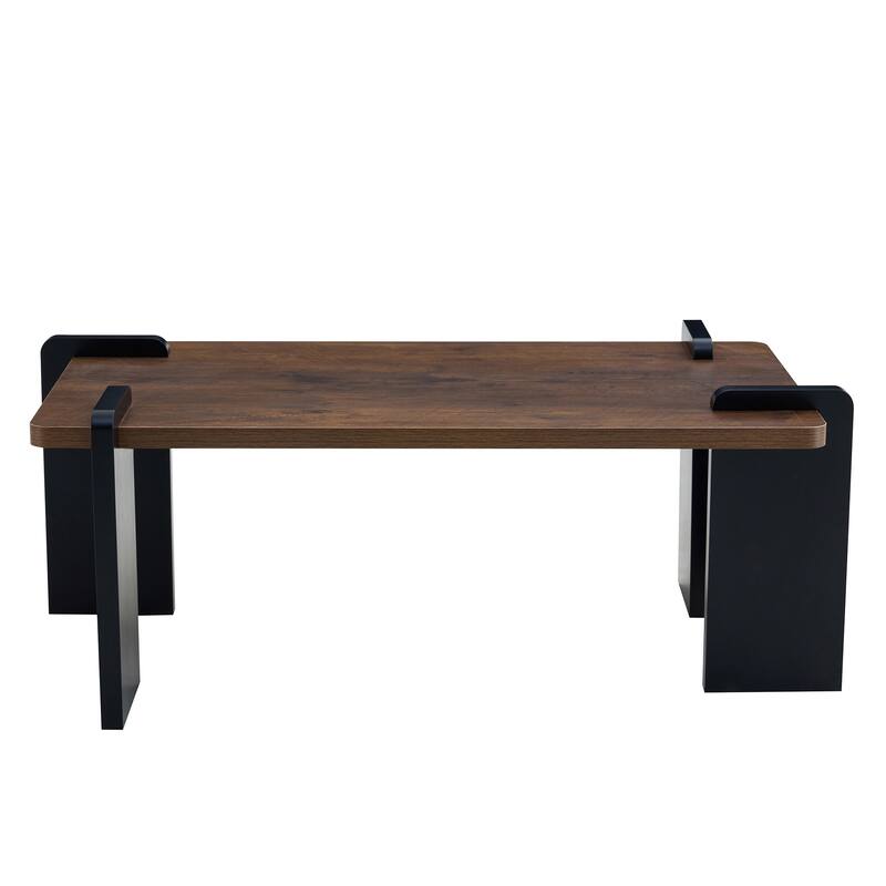 Unique Tenon Mortise Structure Coffee Table, Rectangular Center Table with Black Legs for Living Room Home Office Decor