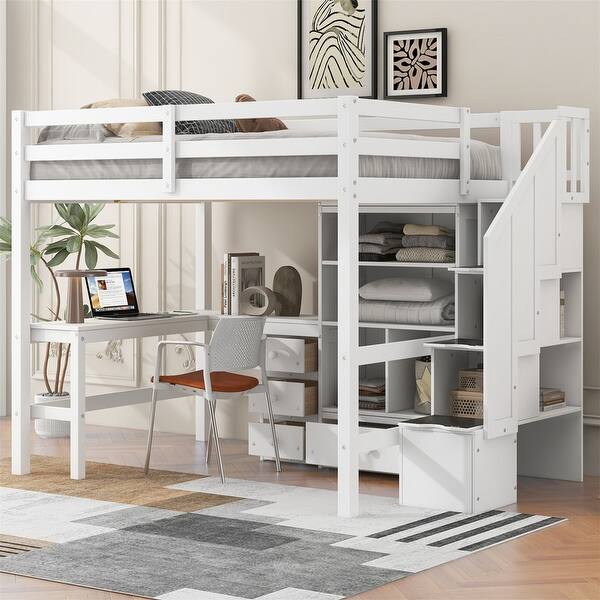 slide 2 of 56, Twin/Full Size Loft Bed with Bulit-in L-Shaped Desk and 4 Drawers, Stairway Wooden Loft Bedframe with Open Storage Shelves White - Full
