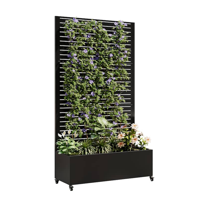 Anmytek Metal Planter Box with Trellis on Wheels Privacy Screen Vertical Garden Black Outdoor Indoor