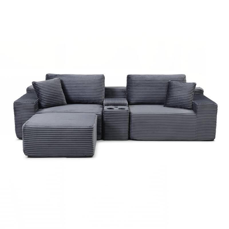 Modular Sectional Sofa, Deep Seat Corduroy Cloud Couch with Cup Holders, USB Ports & Storage Box
