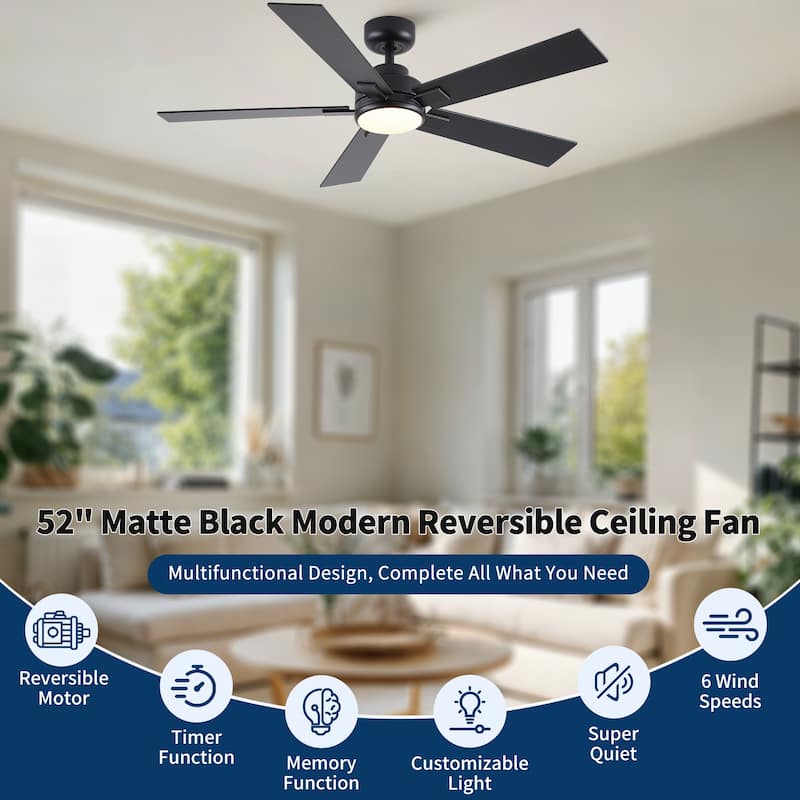 Cusp Barn 52" Modern Ceiling Fan with Light and Remote, LED Integrated Dimmable Reversible DC Motor Ceiling Fan for Living Room