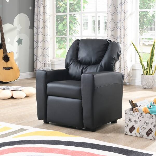slide 2 of 18, Kids Upholstered Couch with One Cup Holder, Footrest, Backrest, Toddlers Velvet Recliner with Headrest and Footrest Black