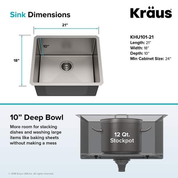 dimension image slide 6 of 7, KRAUS Standart PRO Undermount Single Bowl Stainless Steel Kitchen Sink