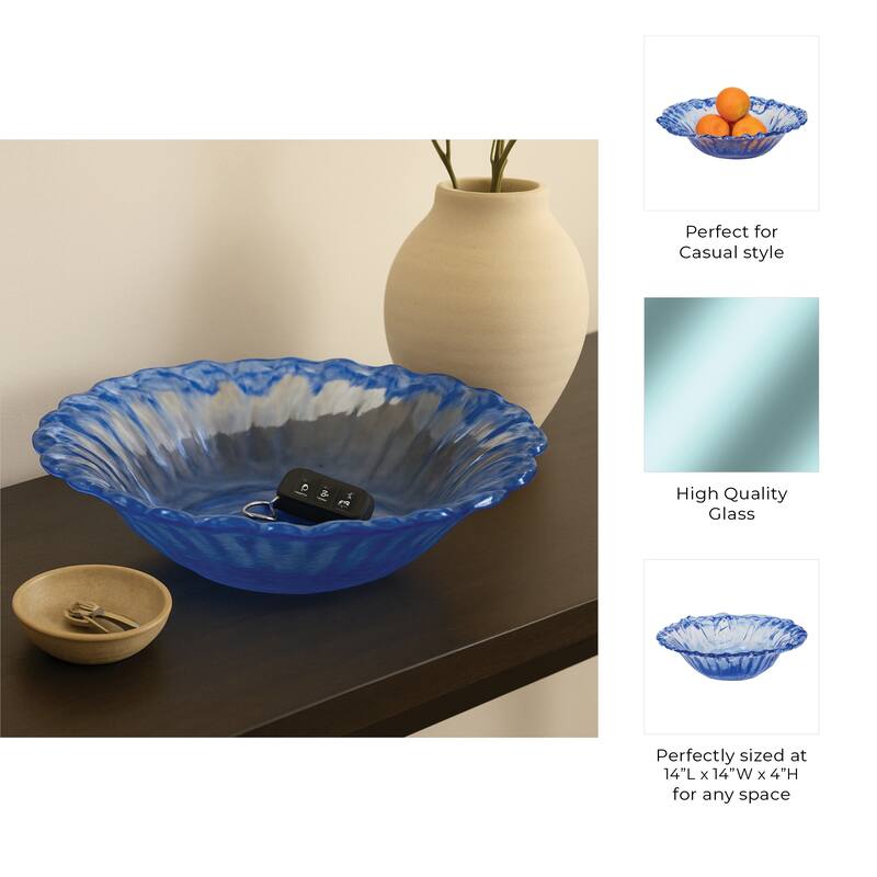 Decorative Round Glass Obmre Bowl - Home Decor - 14", Blue & Clear