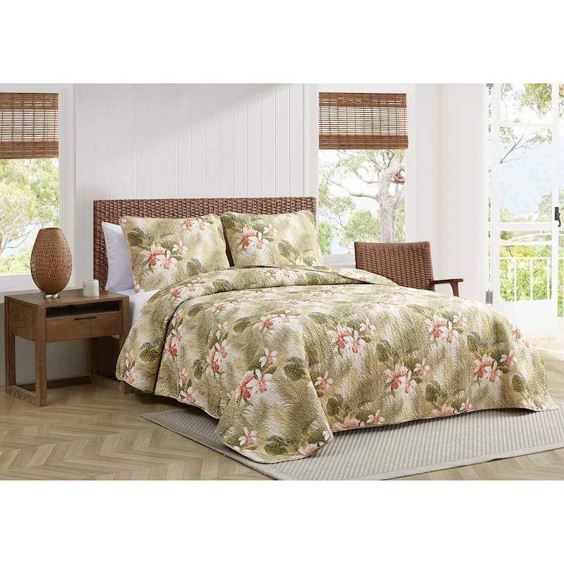 Tommy Bahama Tropical Orchid Green Cotton Reversible Quilt Set