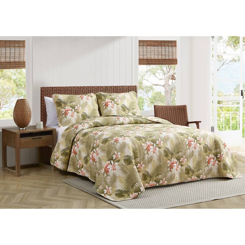 Tommy Bahama Tropical Orchid Green Cotton Reversible Quilt Set