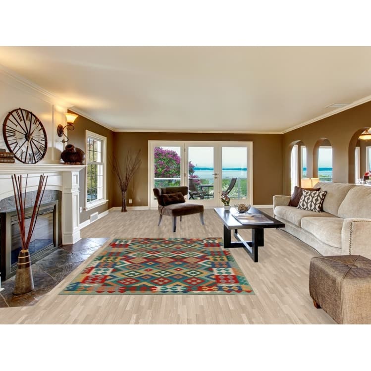 Hand Woven Oriental 100% Wool Carpet Southwestern Geometric Multi-Colored Kilim Area Rug - 8' 4'' X 5' 8''