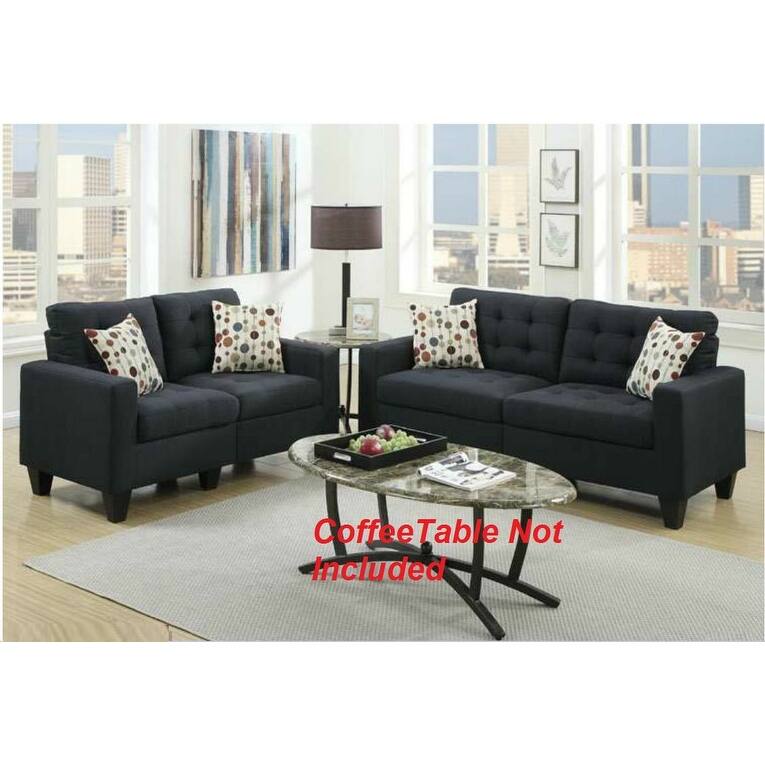 2pc Sofa Set Black Polyfiber Tufted Sofa Loveseat w Pillows Cushion Solid Pine