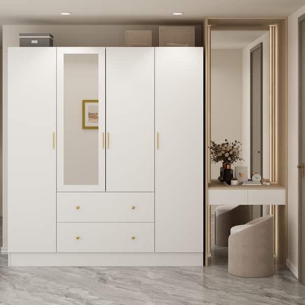 Timechee Wardrobe Armoire Wooden Closet with Mirror 4 Doors 2 Drawers - On  Sale - Bed Bath & Beyond - 36662602