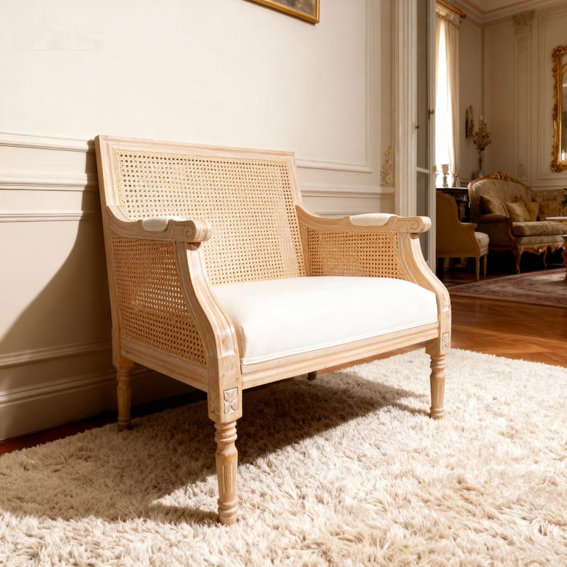 GDFStudio - Classic French Traditional Cotton Linen Upholstered Accent Armchair with Rattan Backrest & Contoured Armrests