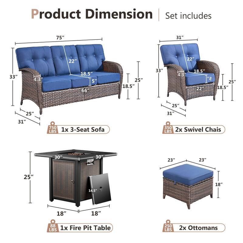 Pocassy Outdoor 30 In Fire Table with Sofa Patio Swivel Chair Set