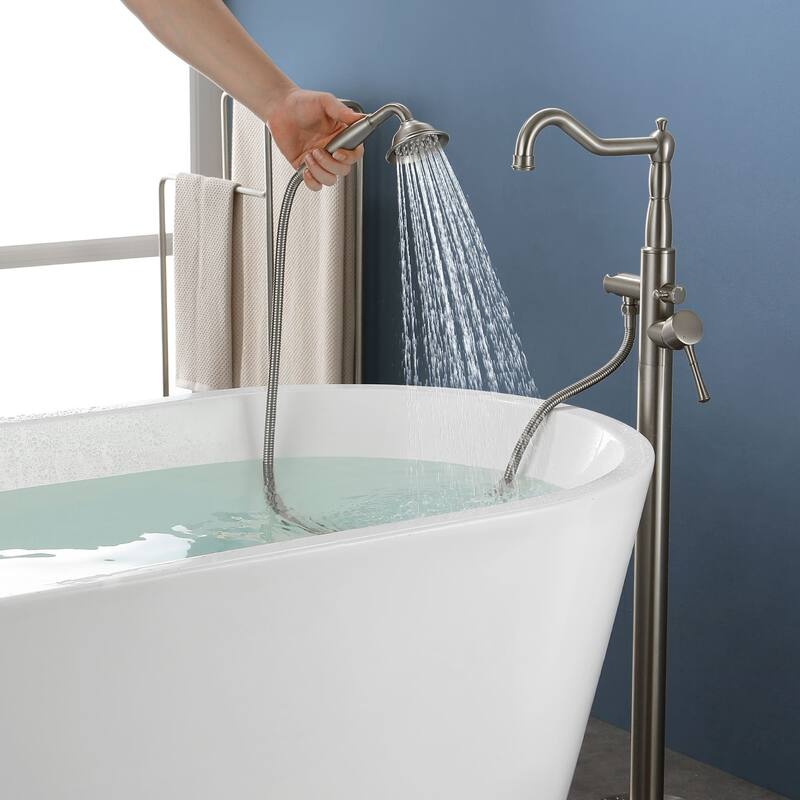Freestanding Bathtub Faucet High Flow Rate Single Handle Floor Mounted Tub Faucets with Hand Sprayer Swivel Spout Tub Fillers