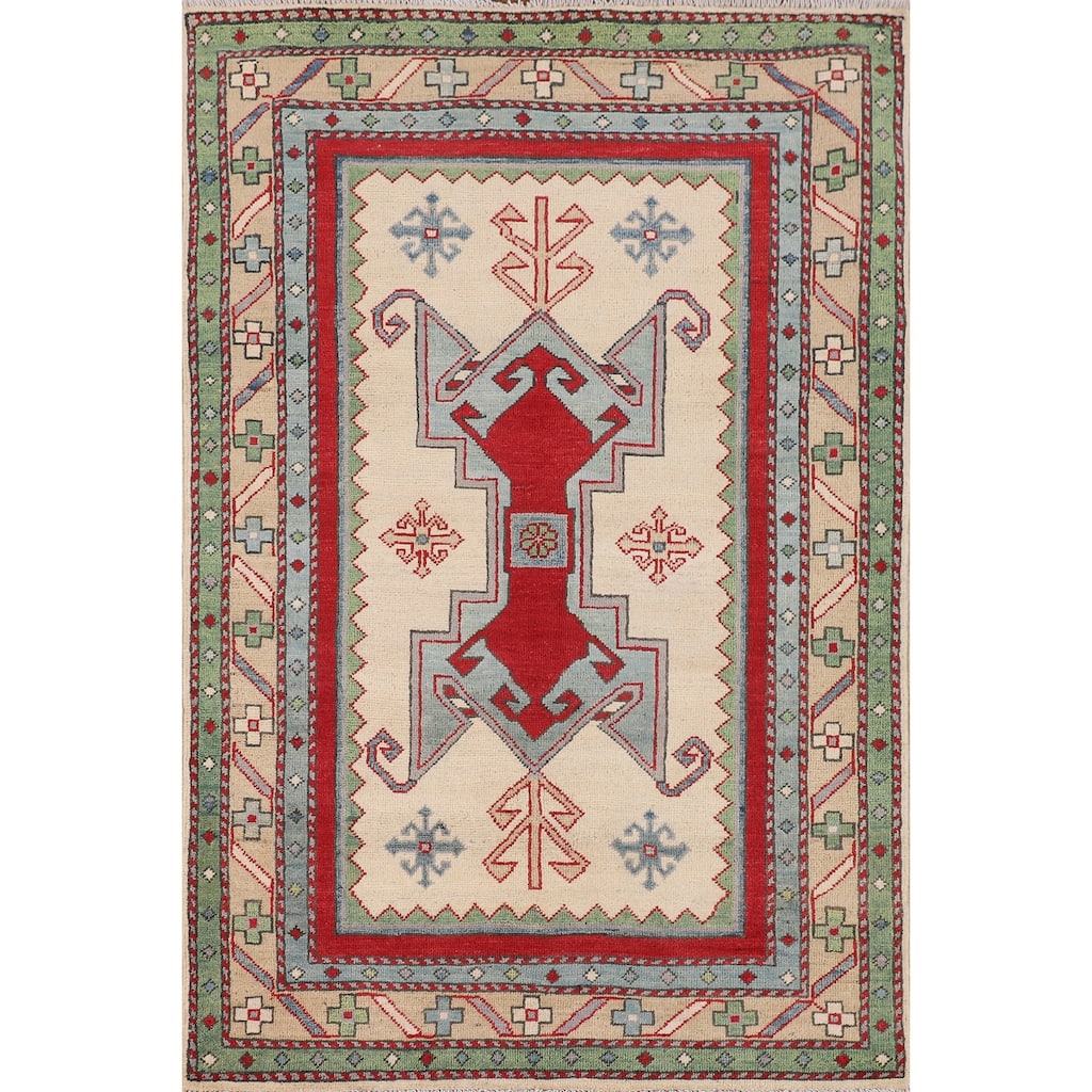 Ivory Kazak Accent Rug Handmade Wool Carpet - 3'4" x 5'0"