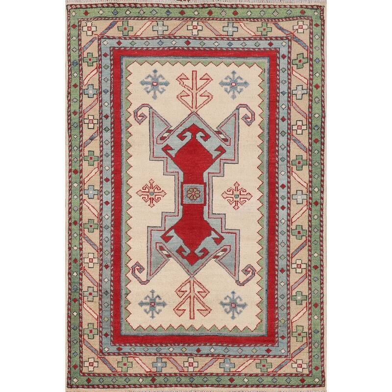 Ivory Kazak Accent Rug Handmade Wool Carpet - 3'4" x 5'0"