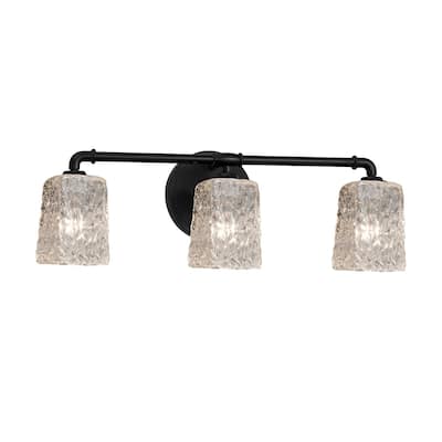 Justice Design Veneto Luce Bronx 3-Light Matte Black Bath Bar, Clear Textured Square w/ Rippled Rim Shade
