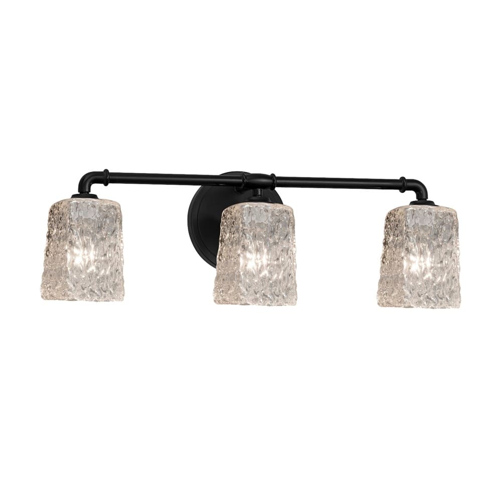 Justice Design Veneto Luce Bronx 3-Light Matte Black Bath Bar, Clear Textured Square w/ Rippled Rim Shade