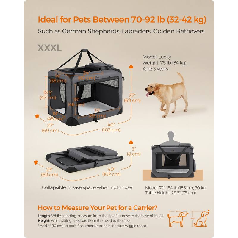 Collapsible Pet Carrier, Oxford Fabric, Mesh, Metal Frame, With Handle, Storage Pockets