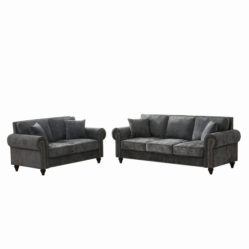 Chenille Upholstered Loveseat Sofa & 3 Seater Couch Set with Nailheads