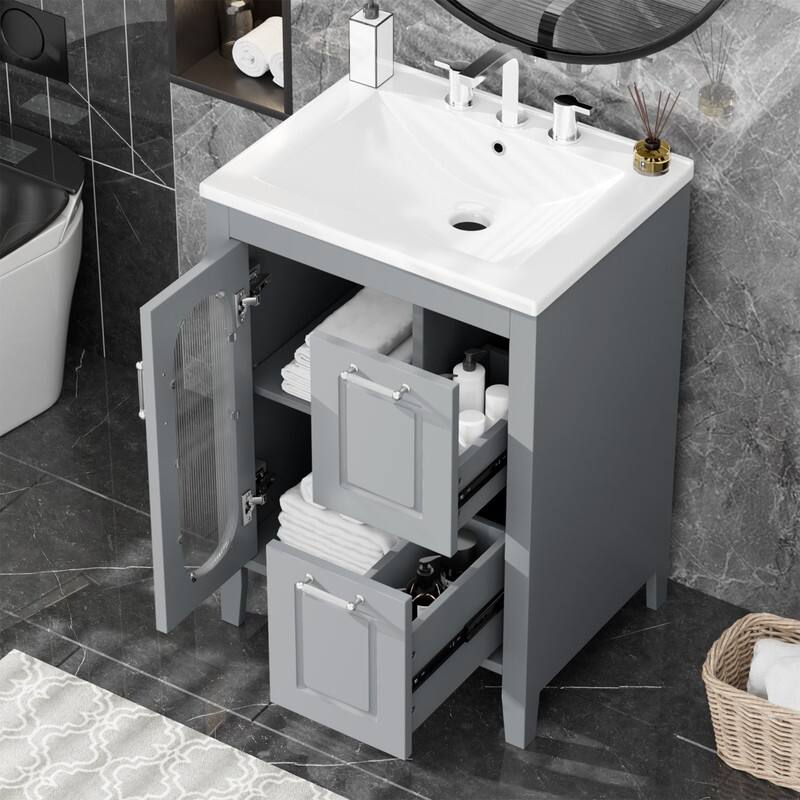 24" Bathroom Vanity with Sink, Bathroom Vanity Cabinet with Two Drawers and Door, Adjustable Shelf, Solid Wood and MDF