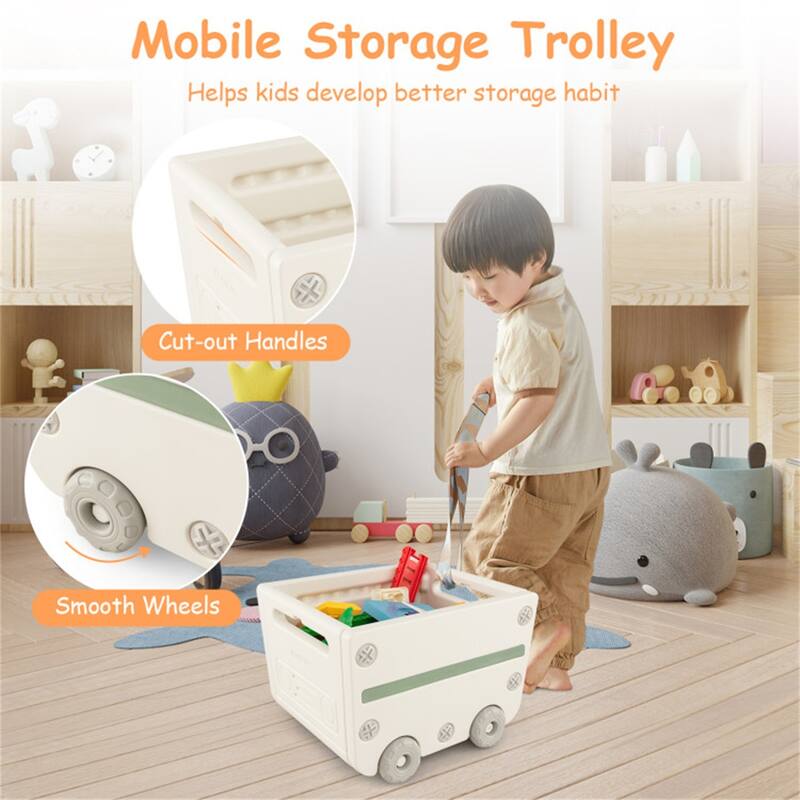 Beige Toy Organizer with Mobile Trolley and 3 Bookshelves Cabinet Large and Small Storage Bins - 34" x 15" x 47"
