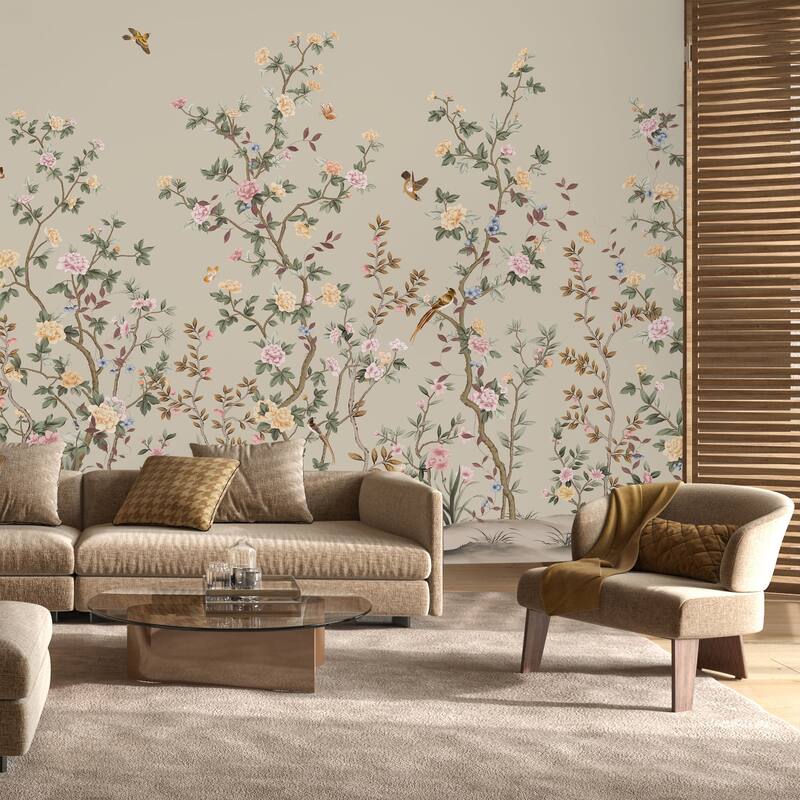 Whispering Blooms Hand-Painted Floral Landscape Wallpaper Mural