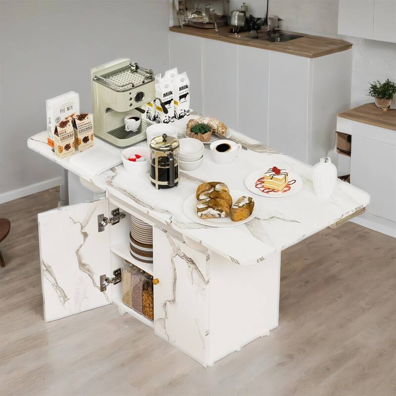 47" Wood Rolling Folding Kitchen Island with Storage Rack and Cabinet