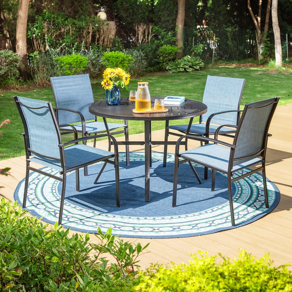 MAISON ARTS 5-Piece Patio Dining Set, Geometrically Stamped Round Table and 4 Textilene Dining Chairs
