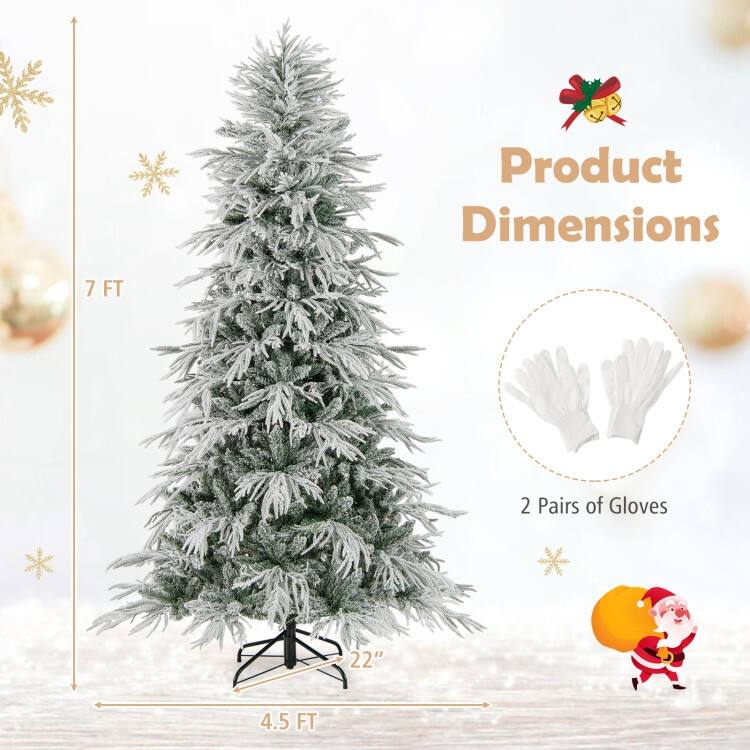 Pre Lit Snow Flocked Artificial Christmas Tree with Warm White LED Lights and Metal Stand