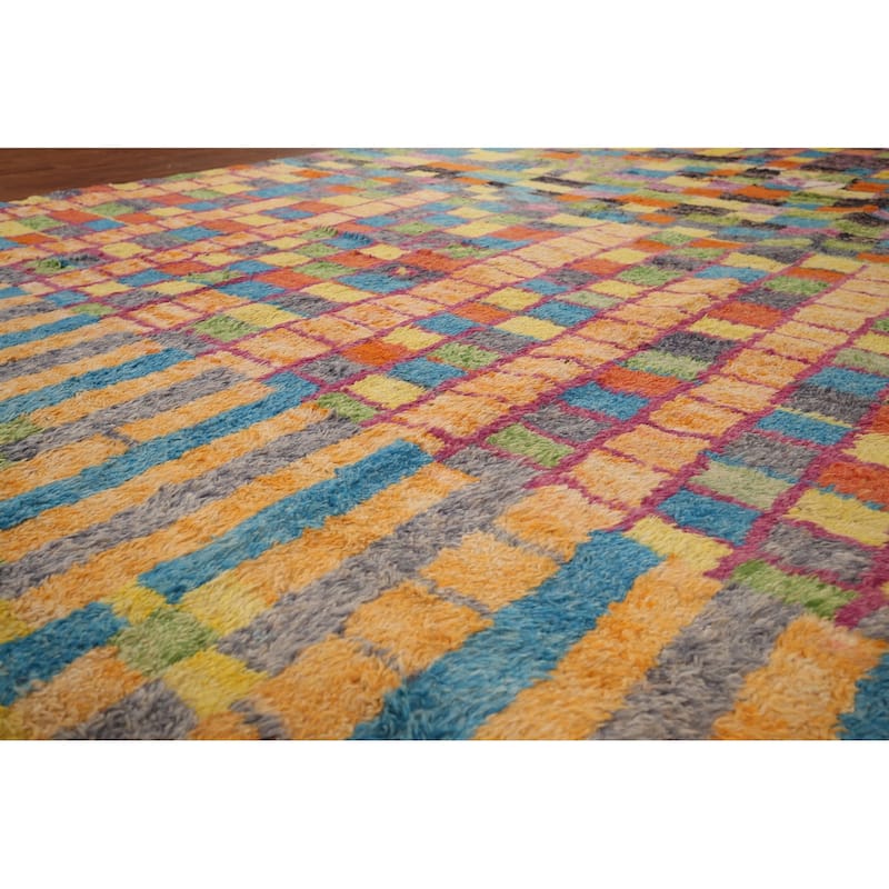 Colorful Checkered Moroccan Plush Area Rug Handmade Wool Carpet - 8'8" x 12'9"