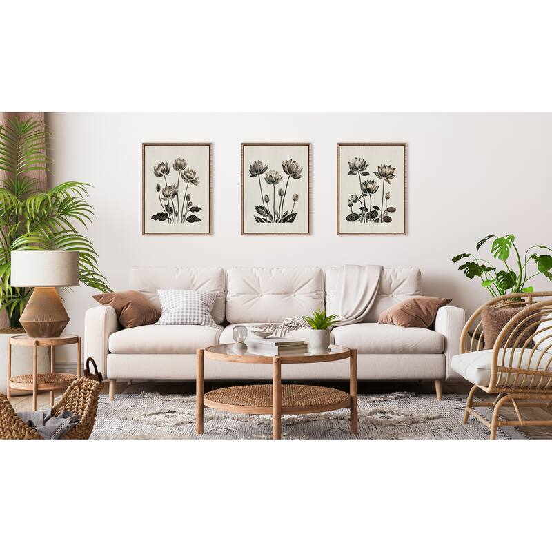 Kate and Laurel Simple Modern Linocut Neutral Lotus Flowers Framed Canvas Art Set