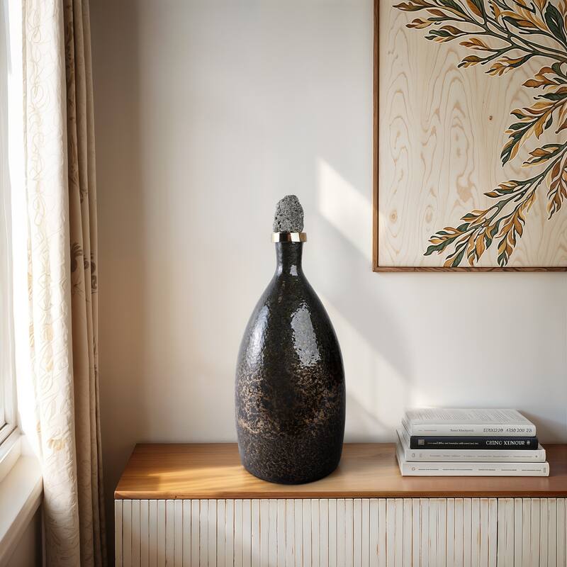 Glass Decorative Vase Metal Brass Accents with Sculptural Topper - 8" x 8" x 18"