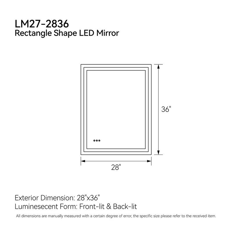 Silver Aluminum LED Bathroom Mirror with Anti-Fog, Dimming and Color Control - Dimensions: 28" x 36"
