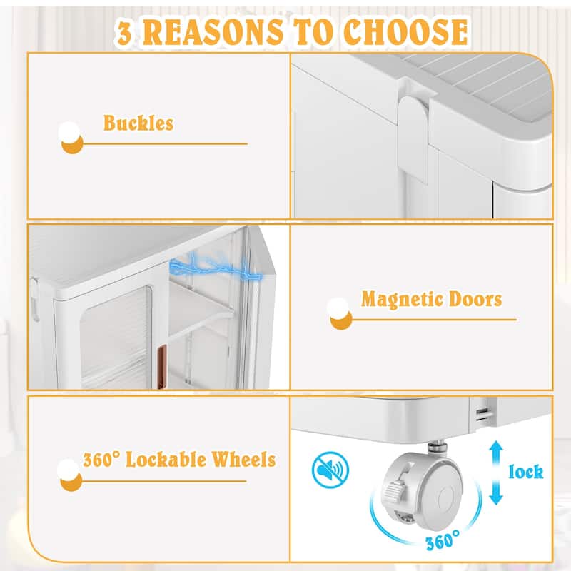 Javlergo 2-Door Plastic Storage Cabinet with Drawer & Wheels White Rolling Storage Organizer with Magnetic Doors for Living Room