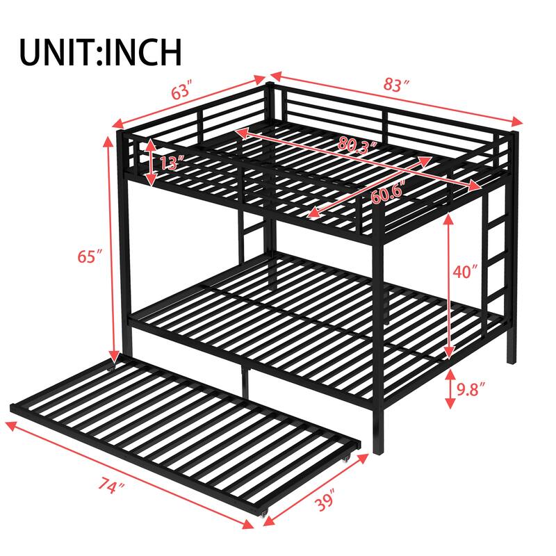 Queen over Queen Metal Bunk Bed with Twin Trundle, Black