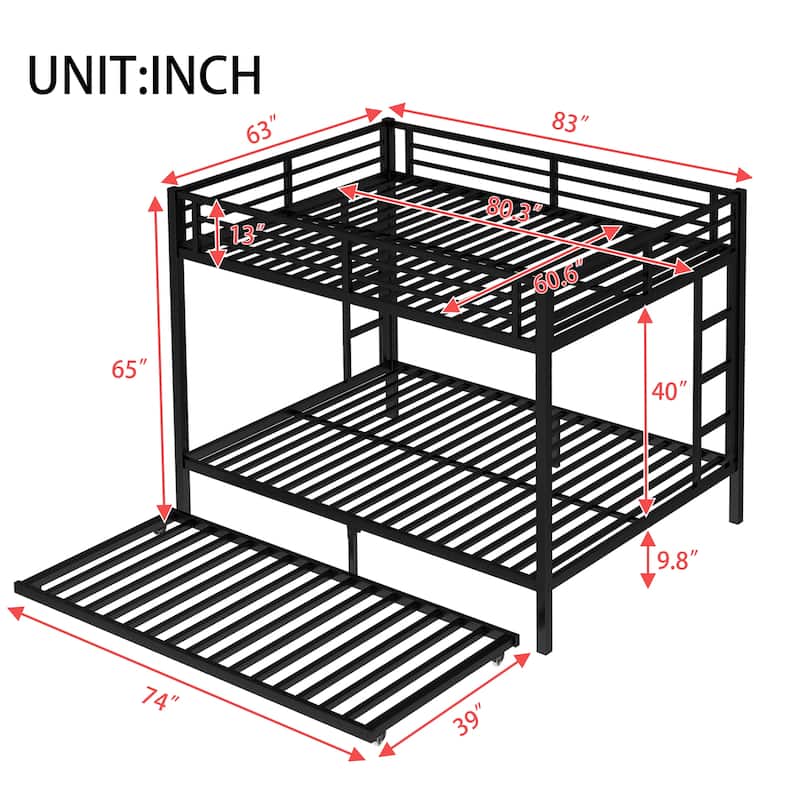 Twin over Full/Queen over Queen/Twin XL over Queen Metal Bunk Bed with Trundle, Black - Sturdy & Noise-Free