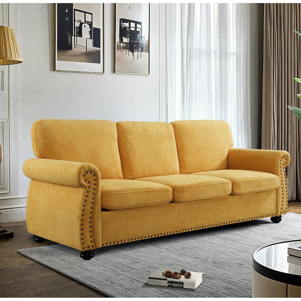 Soft Velvet 3 Seater Sofa, Mustard Yellow, High-Density Foam, Mid-Century Modern Design