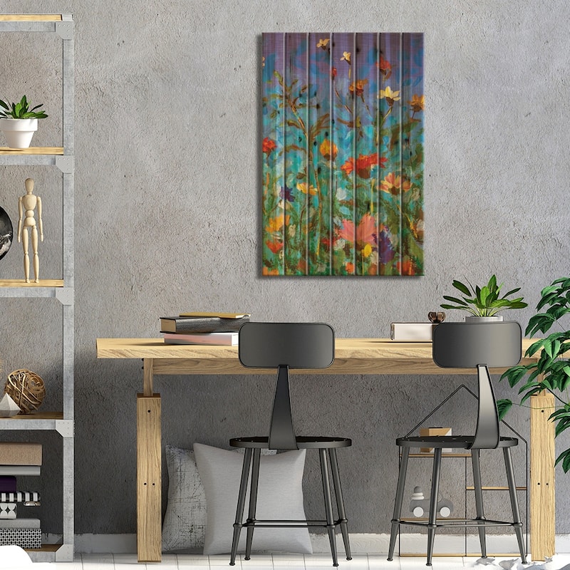 Spring Summer Red Yellow White Wildflowers On Blue Sky Print On Wood by Valery Rybakow - Multi-Color