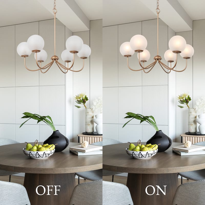 Modern Gold 6-Light Chandelier Wheel Globe Glass Light for Dining Room